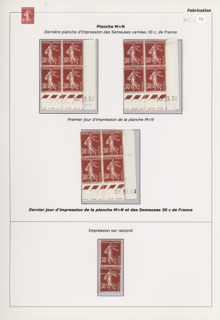 n°360, 30c rouge sombre; 3 blocs de 4 avec coins datés 10.10.38 (planche M + N) et 31.10.38 - n°360 paire verticale avec impression sur raccord - carnet n°360 C1 (Dulcrem) - n°360 bloc de 4 de carnet OBL sur CP. TB