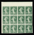 5c vert, non dentelé, CDF avec manchette GC + n°137, ND en bloc de 4 avec BDF avec millésime 7 de 1907 + n°137 bloc de 12 non dentelé. TB. Bel ensemble