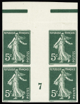 5c vert, non dentelé, CDF avec manchette GC + n°137, ND en bloc de 4 avec BDF avec millésime 7 de 1907 + n°137 bloc de 12 non dentelé. TB. Bel ensemble