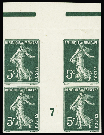 5c vert, non dentelé, CDF avec manchette GC + n°137, ND en bloc de 4 avec BDF avec millésime 7 de 1907 + n°137 bloc de 12 non dentelé. TB. Bel ensemble
