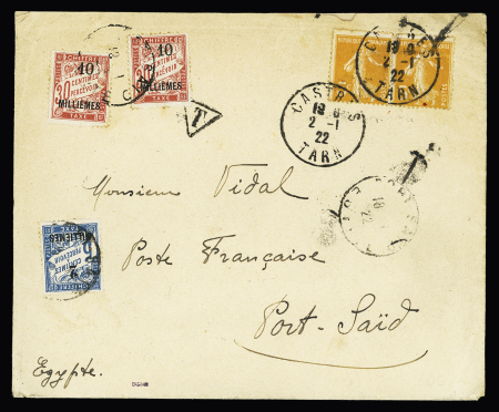 n°158 en paire OBL Castres Tarn (1922) sur lettre pour Port-Saïd avec Port-Saïd timbres-taxe n°5 + n°7 en paire. Rare et TB