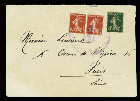 n°137 + 138 en paire OBL grand cachet violet avec ancre "Castellorizo occupation française" sur lettre pour Paris avec transit Rhodes au verso (1920). RR