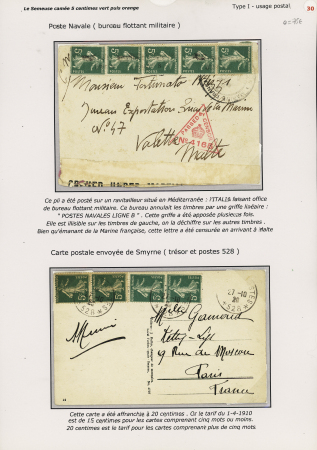 2 lettres : n°137, bande de 5 OBL linéaire "postes navales" sur lettre censurée pour Malte postée à bord du ravitailleur Italia et n°137, 2 paires, OBL CAD "Trésor et postes 528" (1920 - Smyrne) sur carte postale 