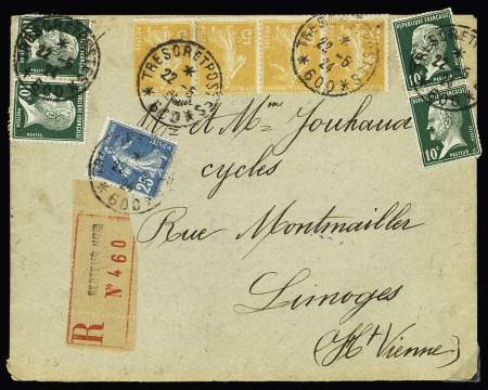 n°140 + 158, bande de 4 + n°170, 2 paires OBL CAD "Tresor et postes" (1924 - Beyrouth) sur lettre recommandée pour Limoges. TB