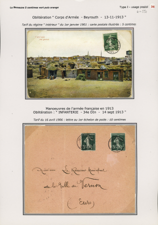 n°137 OBL CAD 2 cercles "Corr. D. armées Beyrouth" avec dateur renversé comme toujours "13 nov 13" sur carte postale et n°137, 2 pièces OBL CAD "infanteries 34e divon"  (1913 - grandes manœuvres) sur lettre. TB