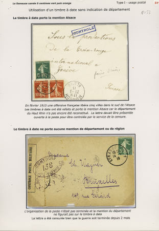 4 plis dont n°137 + 138 en paire OBL provisoire "Moosch Alsace" (1915) sur lettre censurée, entier postal 5c Semeuse vert OBL cachet de facteur "71" et n°137 OBL CAD 2 cercles "Imprimés Paris n°84 PP" sans bloc date