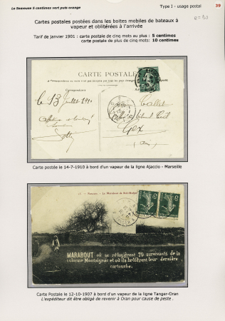 Poste maritime : n°137 OBL CAD "Marseille ligne d'Ajaccio" (1910) sur CP et n°137 en paire OBL rare CAD "Bat a vap, Tanger à Oran" (1907) sur CP