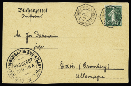 n°137 OBL CAD octogonal à cercle intérieur "Buenos Ayres à Bordeaux LJ n°5" (1914) sur carte postale avec grand cachet noir "Compagnie de navigation Sud-Atlantique  paquebot Divona", jolie pièce.