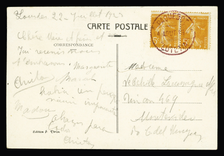 n°158, 5c orange en paire OBL cachet rond lilas avec date "paquebot Lutetia" (4 aout 1923) sur carte postale pour Montevideo. TB