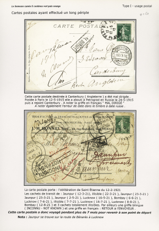 n°137 sur CP pour Canterbury expédiée à Pétrograd (1915) avec griffe encadrée "mal dirigé" et n°137 sur carte postale de Saint-Etienne pour Jaunpur (Inde) avec nombreux CAD de réexpédition (un voyage de 7 mois)