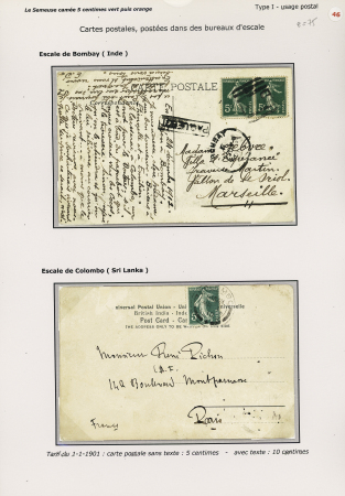 Poste maritime : 2 cartes postales - n°137 en paire OBL "B1" + griffe encadrée "paquebot" + CAD "Bombay" (1912) et n°137 OBL CAD "Colombo" (1910 - escale de Ceylan)). TB