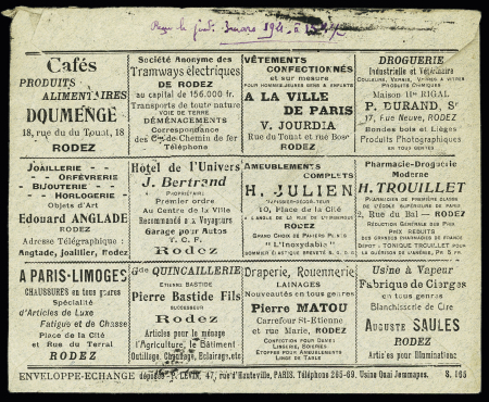 n°137, bande de 5, OBL Rodez Aveyron (1921) sur env avec au verso 12 annonces publicitaires de Rodez. TB