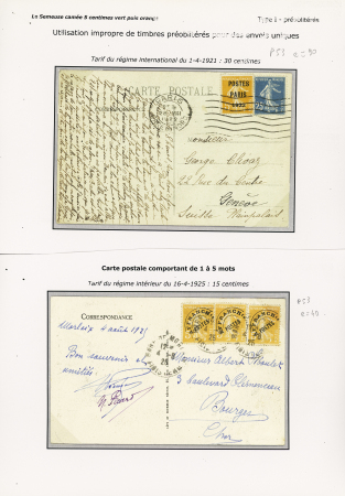 2 cartes postales avec préos utilisés comme timbre-poste : n°140 + préo n°30 OBL Paris Gare du Nord (1922) et préo n°50 bande de 3 OBL Gare de Morlaix (1925). TB