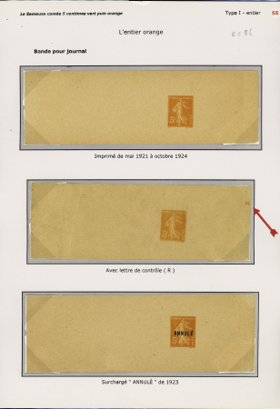 6 entiers postaux : 3 petites env, neuves 5c Semeuse vert dont une surchargée Spécimen et une avec repiquage La Phagolysine et 3 bandes 5c Semeuse orange dont une surchargée "annulé". TB