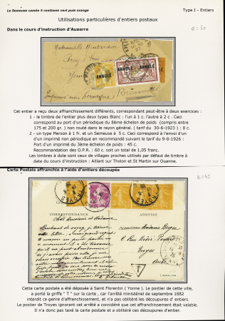 lettre : N°158 Ci1 + 121 Ci2 OBL St Martin-s-OUANNE Yonne (1927) sur bande entier 5c orange surchargée annulé et n°158, 4 entiers découpés utilisés comme timbre-poste + n°190 OBL Troyes (1926) sur carte postale. 