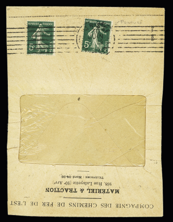 n°137, 2 timbres de roulette imprimés à plat OBL Paris sur lettre des Chemins de fers de l'Est (le timbre de droite avec talon de raboutage). TB