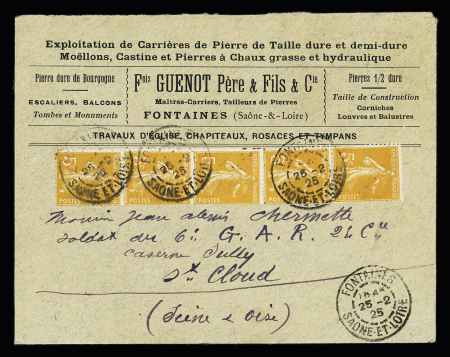 n°158, 5c orange, bande verticale de 5 de roulette OBL Fontaines Saône et Loire (1925) sur lettre des Ets Guenot tailleurs de pierre. TB