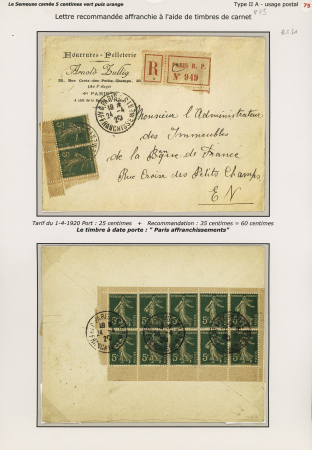 6 plis divers AFF avec des n°137 ou 158 de carnet dont n°140 + 158 en paires OBL CAD pneu ondulé "Paris 98 Bourse N" (1922) et un bloc de 10 de carnet du n°137 OBL CAD "C Paris C affranchissements" (1920). TB