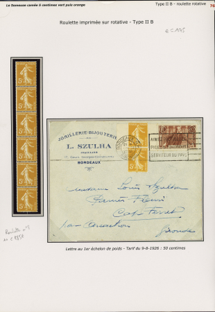 Roulette n°8, 5c orange, bande de 6 verticale + lettre AFF n°158 paire verticale de roulette + n°318 OBL Bordeaux (1936). TB