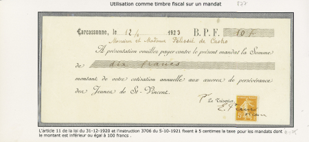 n°158 utilisé comme timbre fiscal sur un mandat de 10 francs de Carcassonne (1923). TB