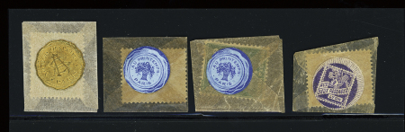 n°137 (2) et 158 (2) : 4 timbres monnaie en pochette de papier : "Au Bon Marché" - "Au Printemps" (2) et "Aux deux passages Lyon". Ensemble rare et TB