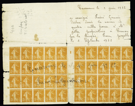 Utilisation fiscale du n°158 : bloc de 40 millésime 1 avec annulation manuscrite de Carcassonne (reconnaissance de dette). TB