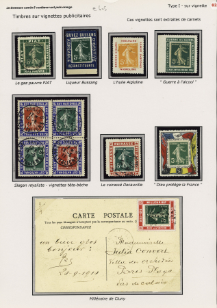 10 porte-timbres détachés dont Gaz pauvre Piat - buvez Bussang - Cuirasse Decauville + carte postale avec n°137 sur porte timbre rouge Millénaire de Cluny. TB