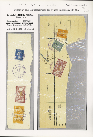 2 grands fragments de télégrammes allemands AFF n°140 + 121 + 158 en paire et n°130 + 121 + 158 avec oblitérations militaires françaises (1923 - occupation en Allemagne). TB