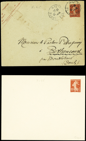 Ensemble spécialisé sur le 10c Semeuse camée rouge : paraoblitérés, millésimes, lettres (dont n°138 perforés "B.A") sur lettre à en-tête "La Buire Automobiles", roulettes sur raccords, entiers postaux, carnet A