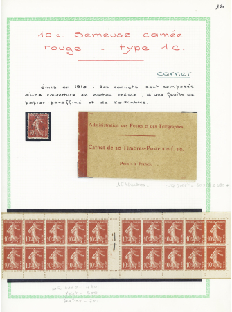 Ensemble spécialisé sur le 10c Semeuse camée rouge : paraoblitérés, millésimes, lettres (dont n°138 perforés "B.A") sur lettre à en-tête "La Buire Automobiles", roulettes sur raccords, entiers postaux, carnet A