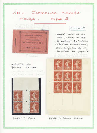 Ensemble spécialisé sur le 10c Semeuse camée rouge : paraoblitérés, millésimes, lettres (dont n°138 perforés "B.A") sur lettre à en-tête "La Buire Automobiles", roulettes sur raccords, entiers postaux, carnet A