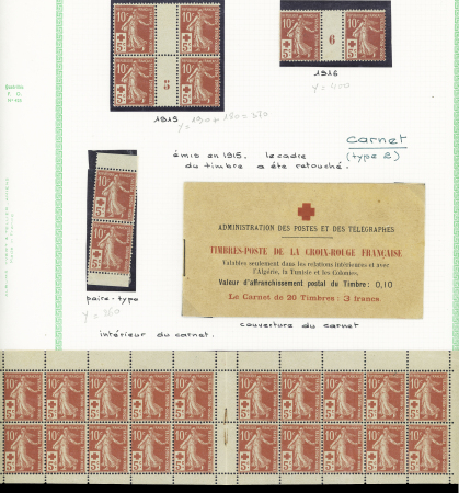Ensemble spécialisé sur le 10c Semeuse camée rouge : paraoblitérés, millésimes, lettres (dont n°138 perforés "B.A") sur lettre à en-tête "La Buire Automobiles", roulettes sur raccords, entiers postaux, carnet A