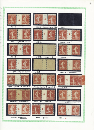 Ensemble spécialisé sur le 10c Semeuse camée rouge : paraoblitérés, millésimes, lettres (dont n°138 perforés "B.A") sur lettre à en-tête "La Buire Automobiles", roulettes sur raccords, entiers postaux, carnet A
