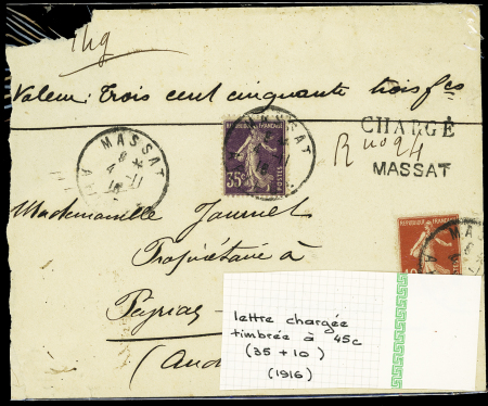 Ensemble spécialisé sur le 10c Semeuse camée rouge : paraoblitérés, millésimes, lettres (dont n°138 perforés "B.A") sur lettre à en-tête "La Buire Automobiles", roulettes sur raccords, entiers postaux, carnet A
