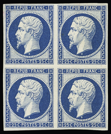 N°10c 25c bleu, réimpression de 1862 en bloc de 4,