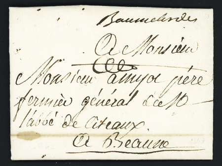 Marque manuscrite "Baumelesdes" ( 31 mars 1778) (L n°1 - 1778) sur lettre adressée à un fermier général d'où paraphe de franchise, ind 11. TB