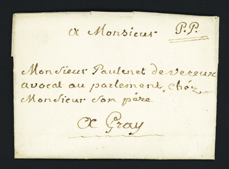 Marque manuscrite "PP" de Besançon sur lettre du 5 octobre 1786 pour Gray (cette marque n'est connue qu'en 1786). TB