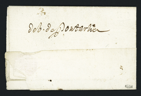 Marque manuscrite "Deb de Pontarlier" (1773) sur lettre de Dijon pour Pontailler par Auxonne, envoyée par erreur à Pontarlier (L n°5, ind 18). TB