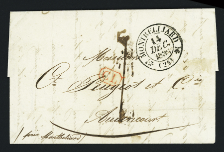 Lettre avec CAD T12 "Montbelliard" (1835) + taxe 1 décime au tampon et "CL" encadré rouge. TB