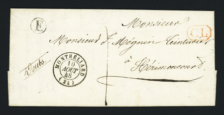 Lettre avec CAD T15 "Montbéliard (24)" (1848) avec boite rurale "E" + taxe 1 manuscrite + "CL" encadré rouge. TB
