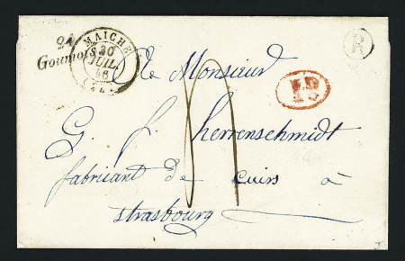 Lettre avec CAD T15 "Maiche (24)" (1846) + cursive "24 Goumois" + boite rurale "R" de Charmauvilliers et décime rural rouge, ind 16. TB