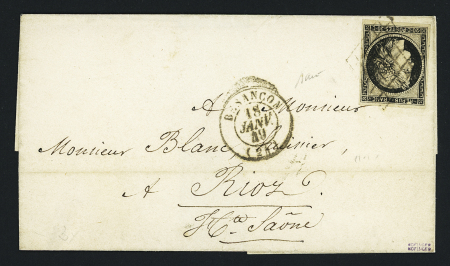 N°3 OBL grille + T15 Besançon (18 janv 1849) sur lettre (4ème jour d'utilisation de la grille à Besançon). TB