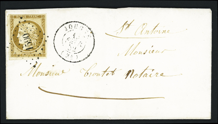 N°1, 10c bistre-jaune, OBL PC 1590 + T15 "Jougne (24)" (1852) sur une petite lettre locale pour Saint Antoine. TB