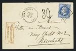 N°29, 20c bleu, OBL PC du GC 2964 + CAD convoyeur station "Pontarlier Per D" (1867) sur lettre pour Neufchatel (Suisse) sur lettre avec taxe 30 suisse et griffe rouge encadrée "affranchissement insuffisant" . TB