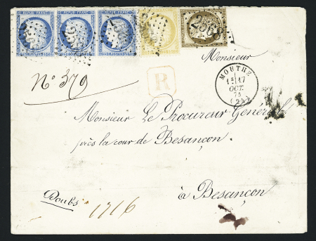 N°55 + 56 + n°60 en bande de 3 OBL GC 2568 + CAD T16 "Mouthe (24)" (1874) sur lettre recommandée (tarif du 1er sept 1871) pour Besançon. TB