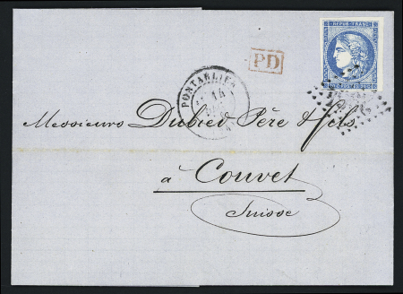 N°45, 20c bleu type 2 report 2 OBL GC 2964 + T17 Pontarlier (15 dec 70) sur lettre pour Couvet (Suisse) au tarif frontalier avec petite marque encadrée rouge "PD". TB