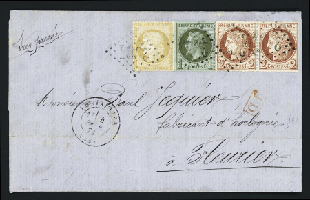 N°25 + 51 en paire + 59 OBL GC 2964 + T17 Pontarlier (4 fev 1873) sur lettre au tarif frontalier pour Fleurier (Suisse). AFF tricolore. TB
