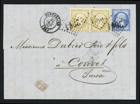 N°21 en paire + 22 OBL GC 2964 + T15 Pontarlier (25 oct 67) sur lettre au tarif frontalier en double port pour Couvet (Suisse) avec petite marque encadrée "PD" rouge. TB