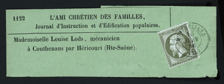 N°19, 1c olive OBL CAD T15 Pontarlier (1866) sur bande à en-tête "L'ami chrétien des familles". TB