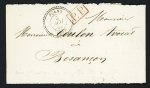 Bande sans timbre avec CAD perlé T22 "Fuans (24)" (1858) + "PP" rouge encadré. Rare utilisation indiquant un port en numéraire. TB